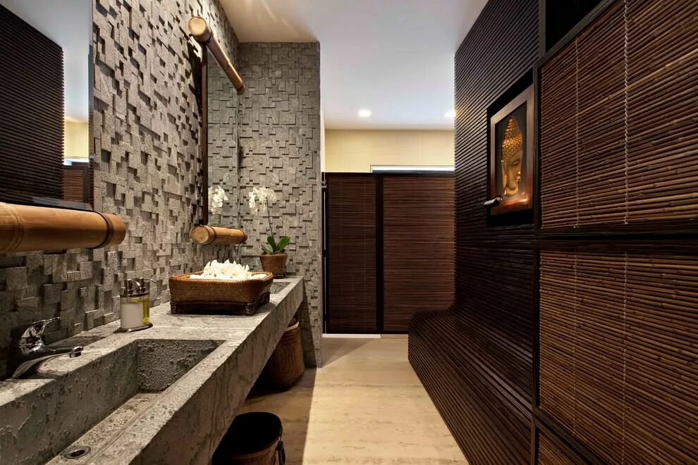 Панели дерево ванной. Ванная в азиатском стиле. Ванная в стиле спа. Ванна в бамбуковом стиле. Натуральный камень в ванной.