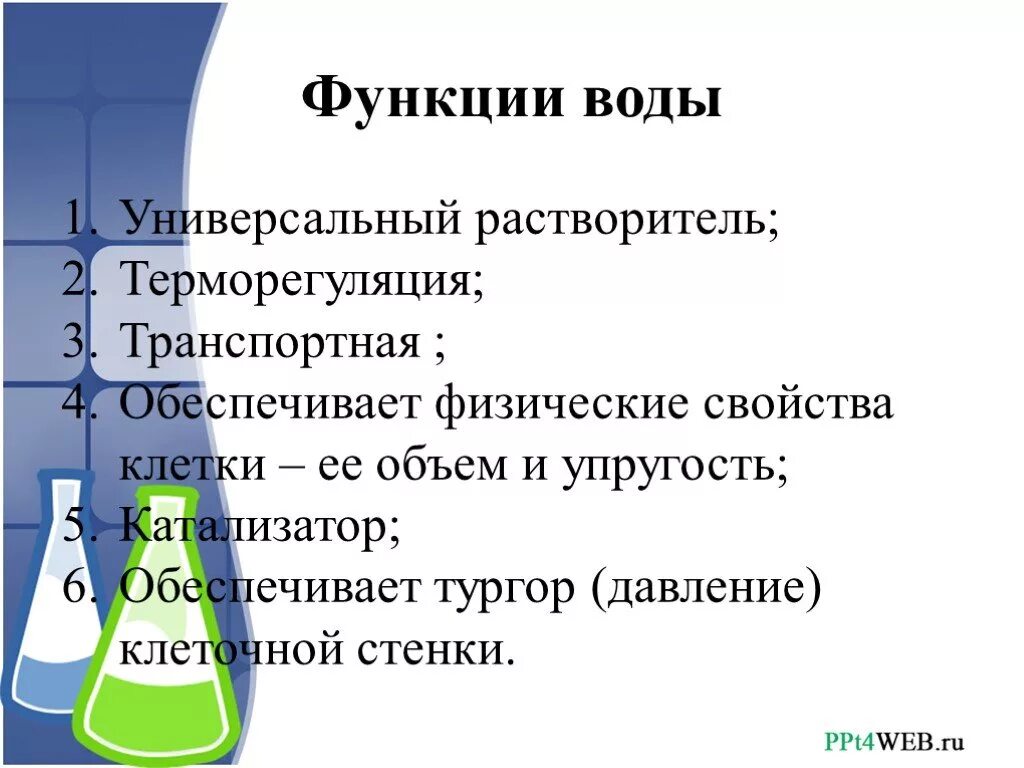 Функции воды. Выполняемые функции воды. Функции воды в организме.