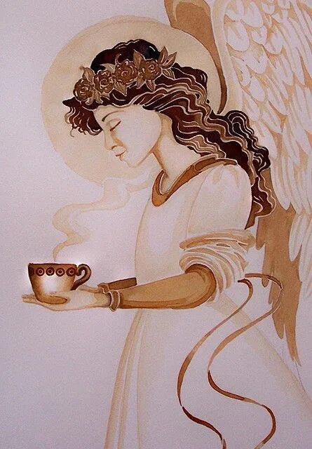 Кофейные ангелы. Кофейная живопись. Кофейные иллюстрации. Кофейные рисунки. Картина чашка кофе.