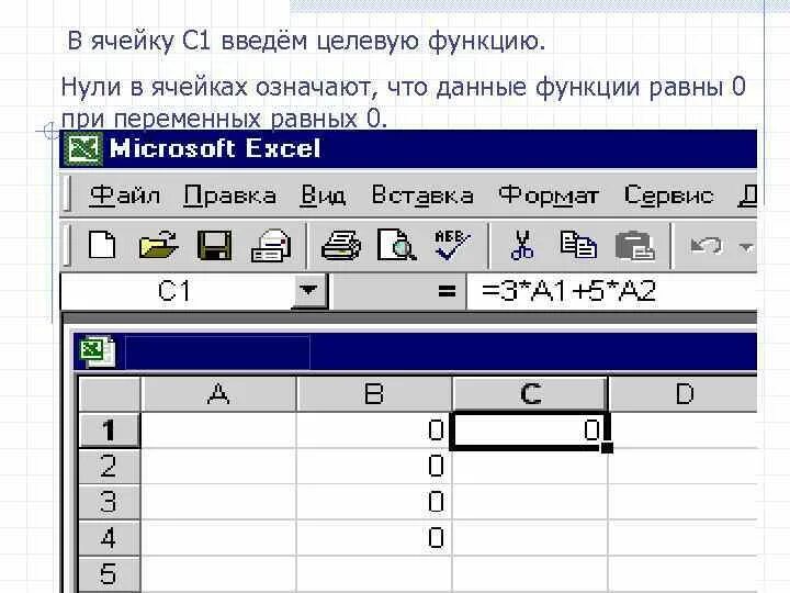 Ввод в ячейку текста. Как в ячейку ввести функцию. Ячейка. Данные функции. Общий вид целевой функции.