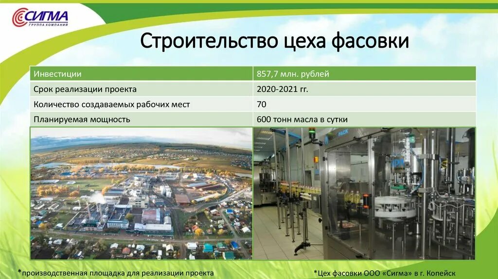 Завод Сигма Копейск. Проект фасовочного цеха. ООО Сигма Копейск. Сигма Холдинг масло. Завод сигма