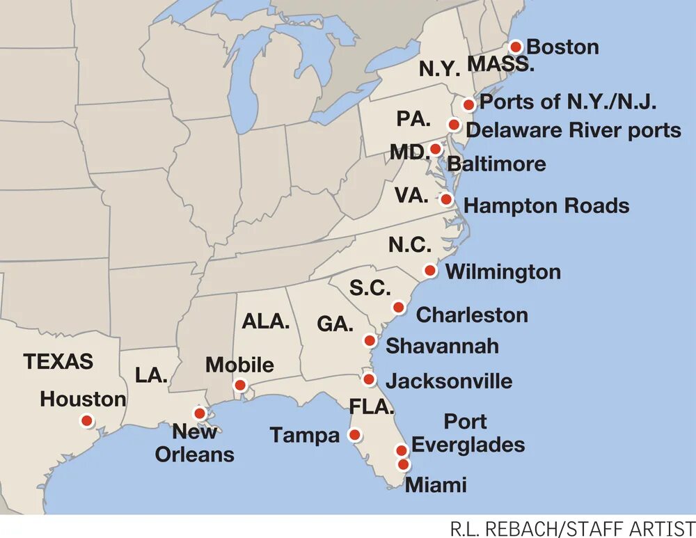 Порты Западного побережья США. Порты восточного побережья США. Восточное побережье США на карте. Атлантическое побережье США на карте.