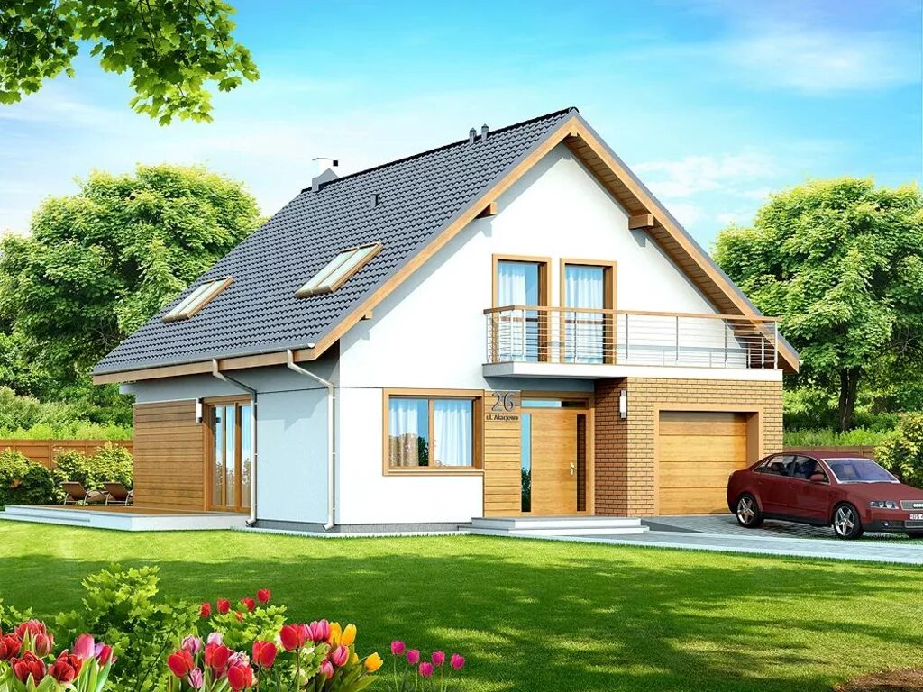 проект дома z10 с мансардой и гаражом на 2 машины. дом с гаражом до 100 м. небольшой коттедж с гаражом. дом с мансардой и террасой и гаражом 120м2. каркасный одноэтажный дом 100 м2.