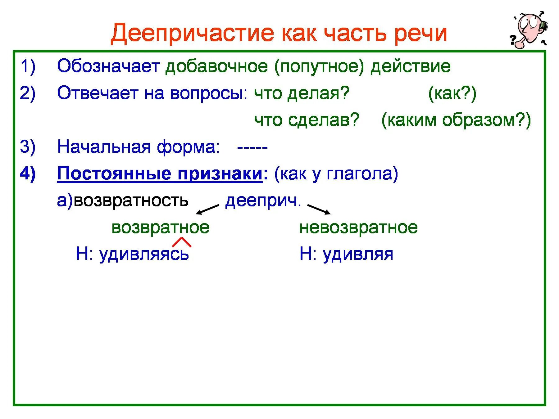 Деепричастие уроки 7 класс. Деепричастие 7 кл правило. Правила по русскому языку 7 класс деепричастие. Правило 4 класс деепричастие. Части речи в русском языке деепричастие.