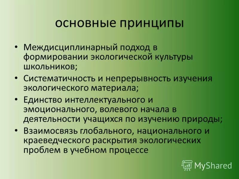 Принципы экологического воспитания школьников. Принцип экологической направленности. Принципы формирования среды. Принципы формирования среды. Методы оптимизации окружающей среды.