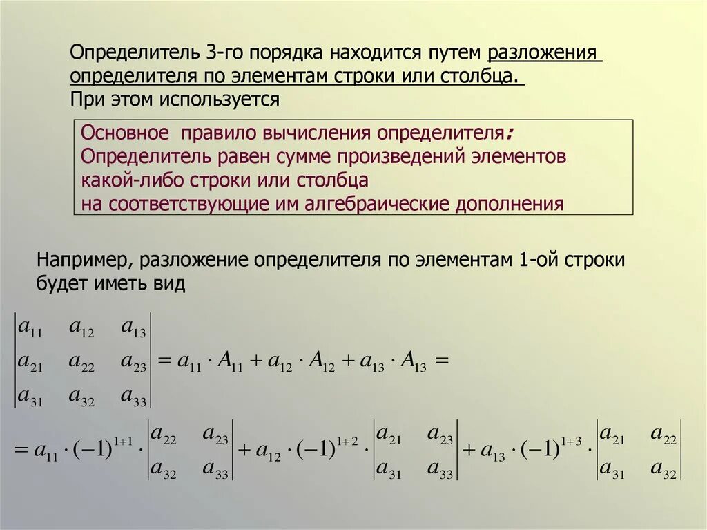 Элементы первой строки матрицы. Разложение определителя 3- го порядка по элементам строк и Столбцов.. Вычислить определитель матрицы разложением по 3 строке. Метод разложения определителя по строке или столбцу. Разложение матрицы по элементам строки.