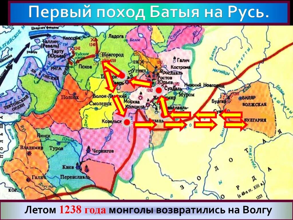 Обозначьте стрелками завоевательные походы хана батыя. Поход Батыя на Русь 1237-1238. Поход Батыя 1238. Поход хана Батыя на Русь 1238 год. Походы ,Батыя на Русь в 1223 году.