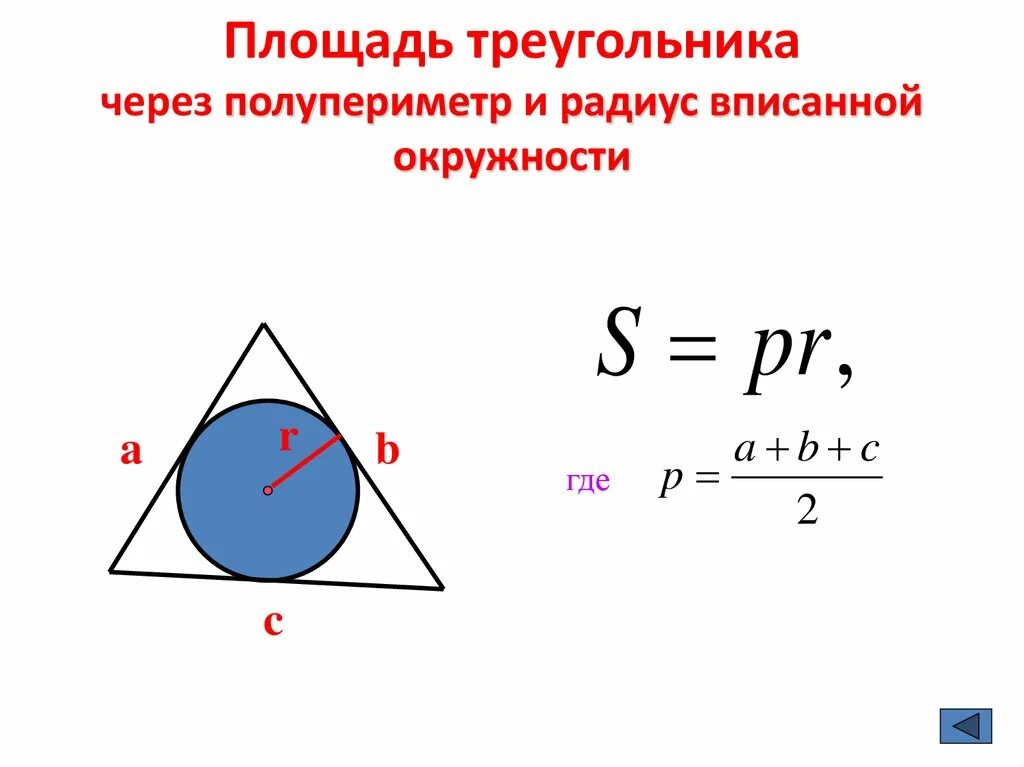 Формула площади треугольника через радиус вписанной окружности. Формула площади через радиус вписанной окружности. Площадь треугольника через периметр и радиус вписанной. Формула нахождения вписанной окружности.