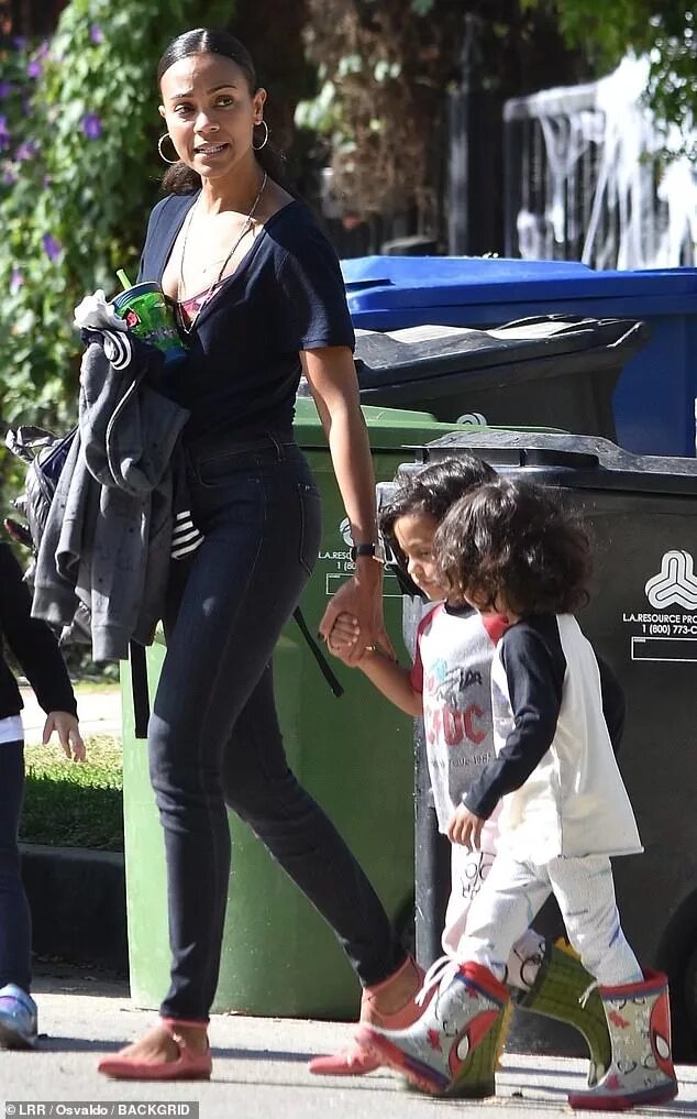 Zoe Saldana heads out in Los Angeles with her husband Marco Perego and their twi
