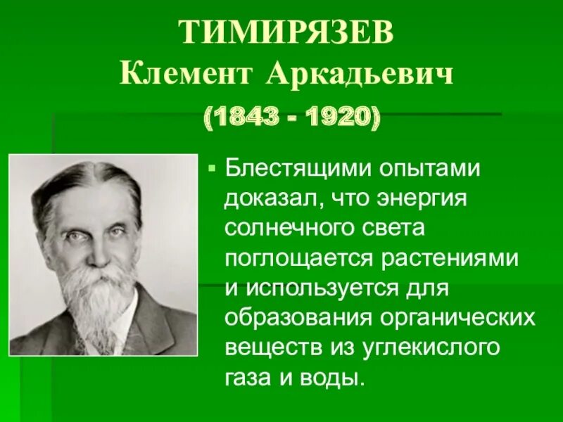 Впервые значение хлорофилла установил русский ученый. Тимирязев к.а. (1843-1920).