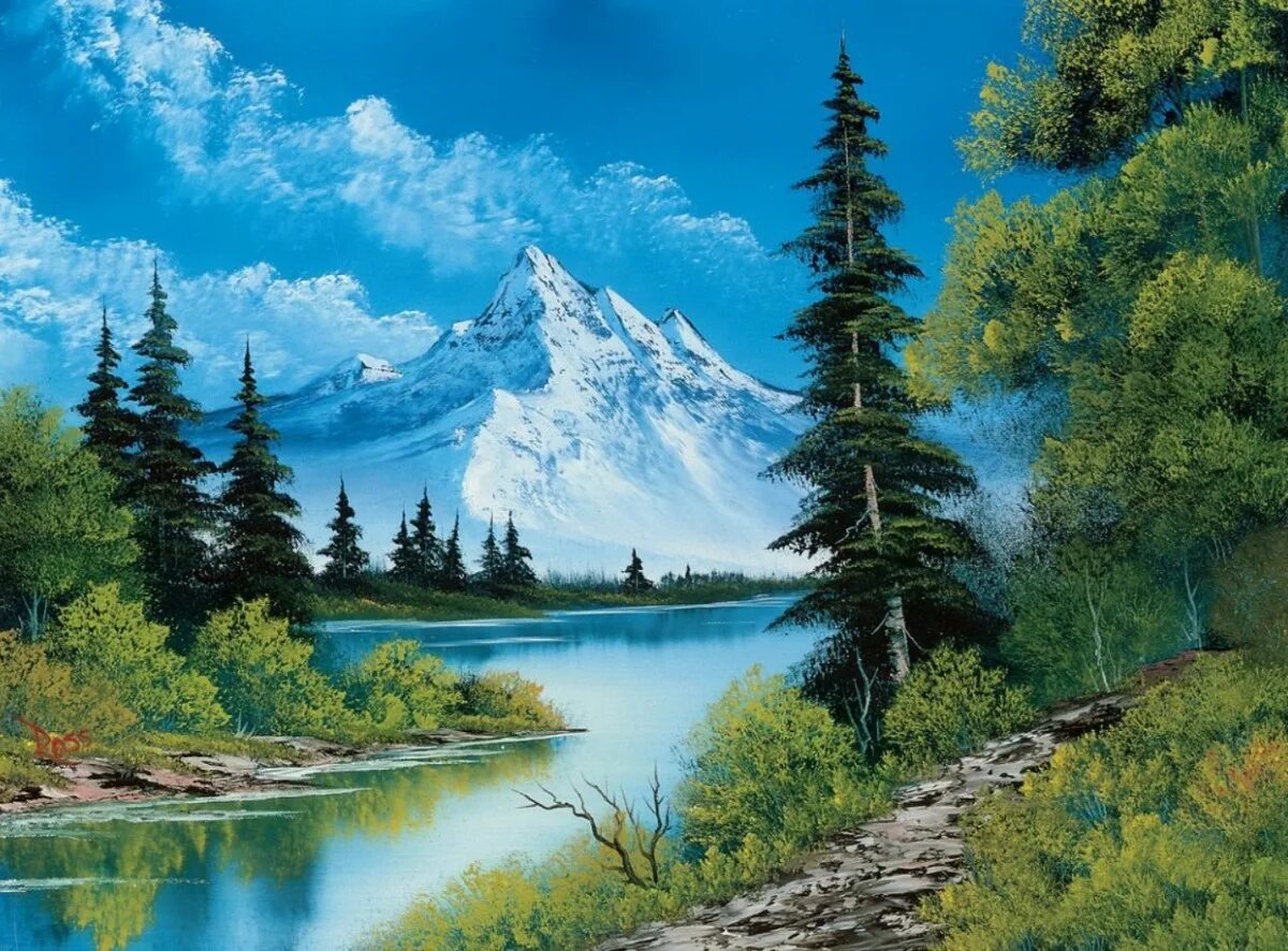 Рисунки видов природы. Горный пейзаж Боб Росс. Bob Ross картины. Художник пейзажист Боб Росс. Картины Боба Росса горы Аляски.