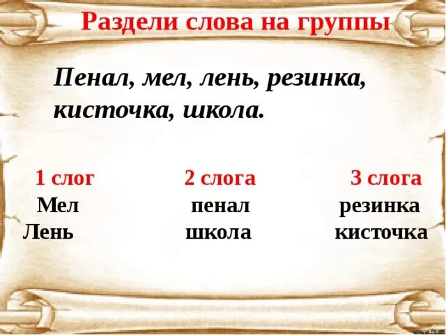 Номер разбить слова. Разделить на слоги слово пенал. Разделить на слоги слово лень. Разделение слов на группы. Разделить слова на группы.