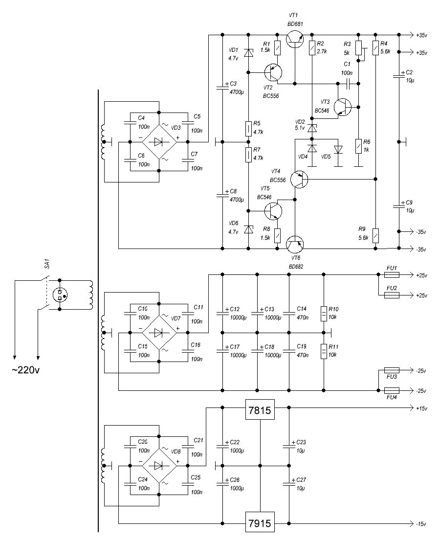 Питание унч. Схема биполярного блока питания для усилителя. Блок питания для усилителя низкой частоты. Схема блока питания к ультралинейному УМЗЧ. Двухполярный стабилизатор питания УМЗЧ.