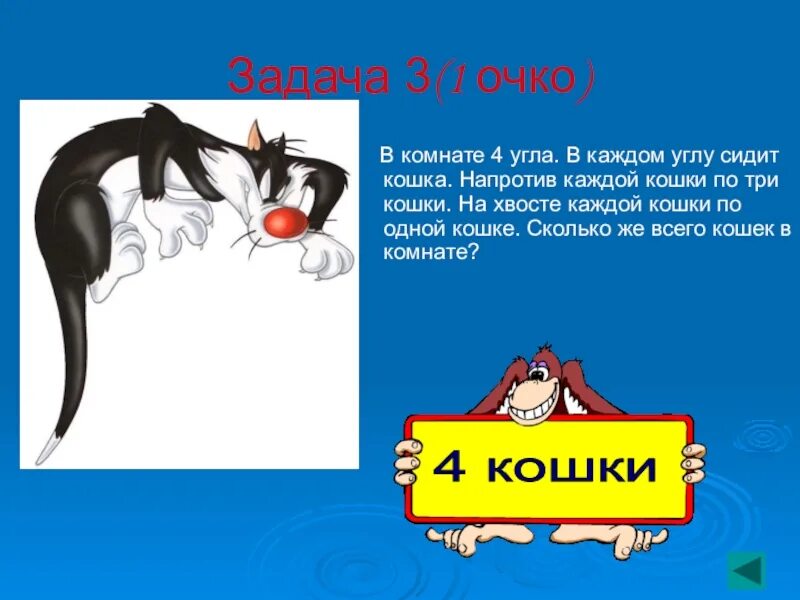 В каждом углу сидит кошка напротив каждой кошки по три. Задача в комнате 4 угла в каждом углу сидит кошка. В комнате 4 угла в каждом углу сидит кошка напротив каждой кошки по 3. Задача про кошек в углах.