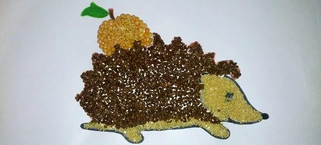 Ежик из гречки. Поделки из гречки. ежик из крупы. аппликация из крупы.