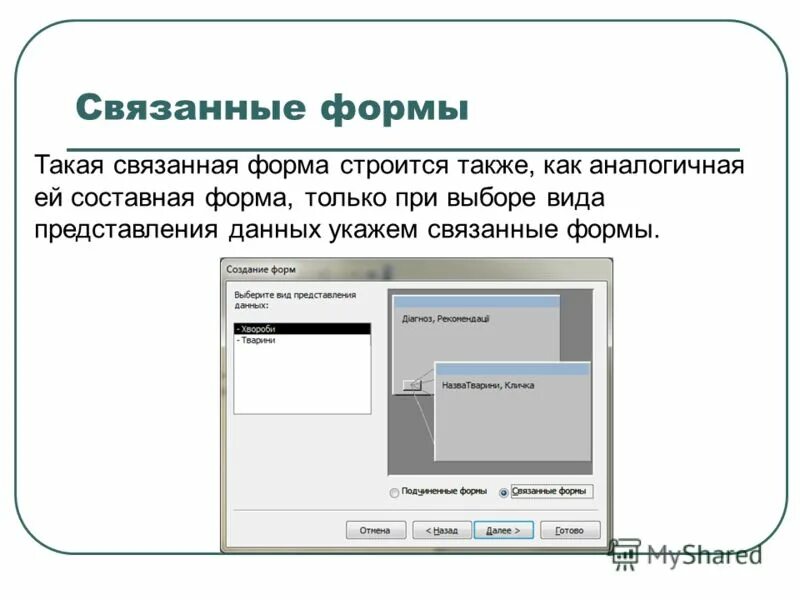 Связанная и подчиненная форма. Подчиненная форма access. Формы используются для. Создание связанной формы. Создание связанной формы.