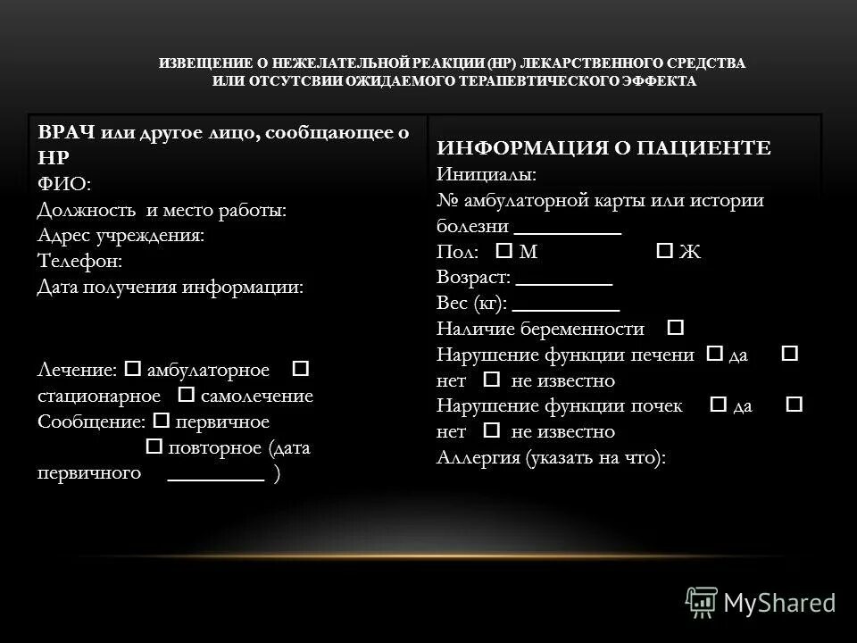 Извещение о нежелательных побочных реакциях. Извещение о нежелательных побочных реакциях