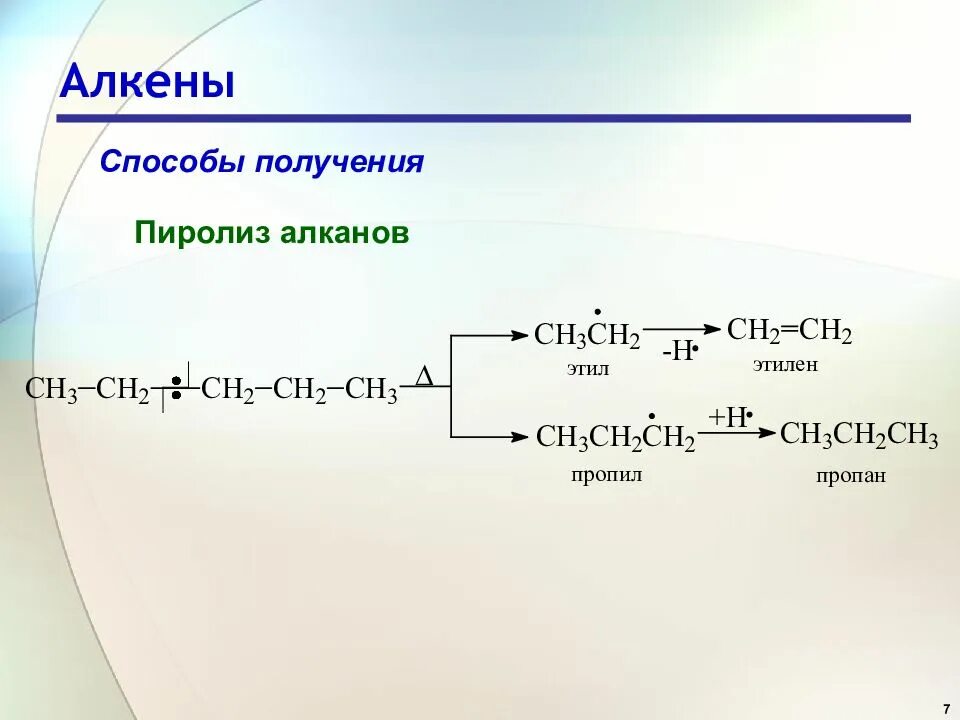 Найдите алкен. Пиролиз алкенов реакции. Сульфирование алкенов механизм. Реакция пиролиза алканы. Способы получения алкенов.