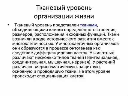Свойства тканевого уровня организации