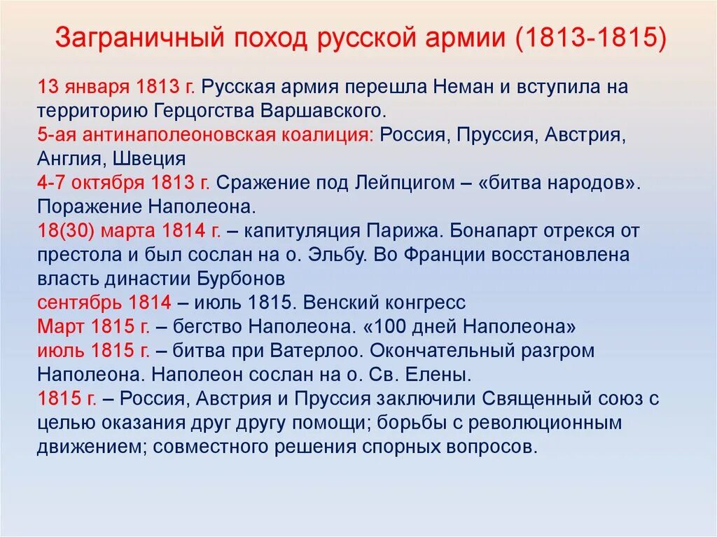 Поход Российской армии 1813-1815. Заграничные походы русской армии 1813-1815. Таблица хронология войны с Наполеоном 1812 года. Заграничные походы 1813-1814 кратко. Продолжите составлять хронику основных сражений великой отечественной