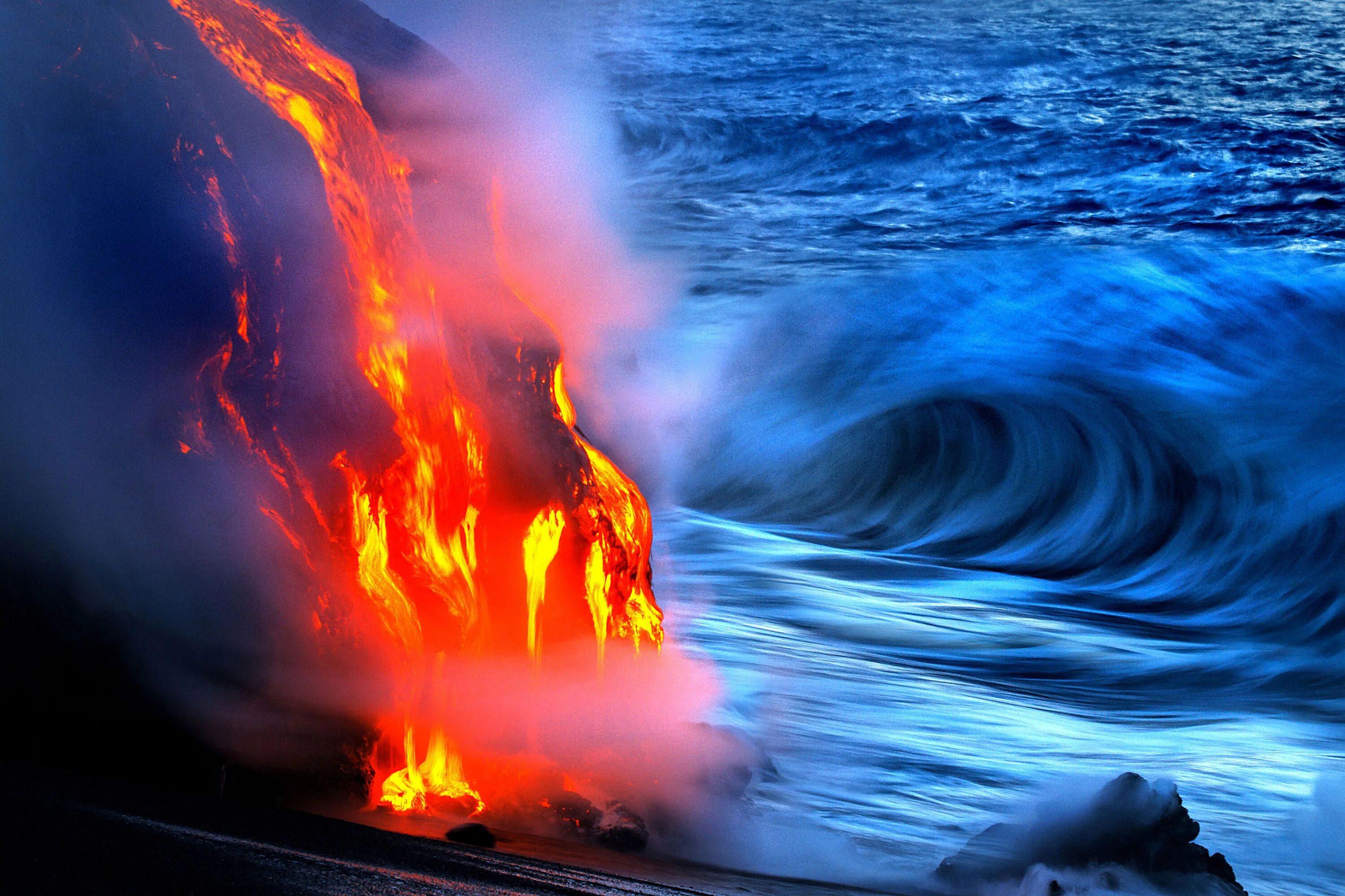 Извержение вулкана лава море. Килауэа вулкан синее пламя. Огонь и море. Стихии природы. Кипение моря