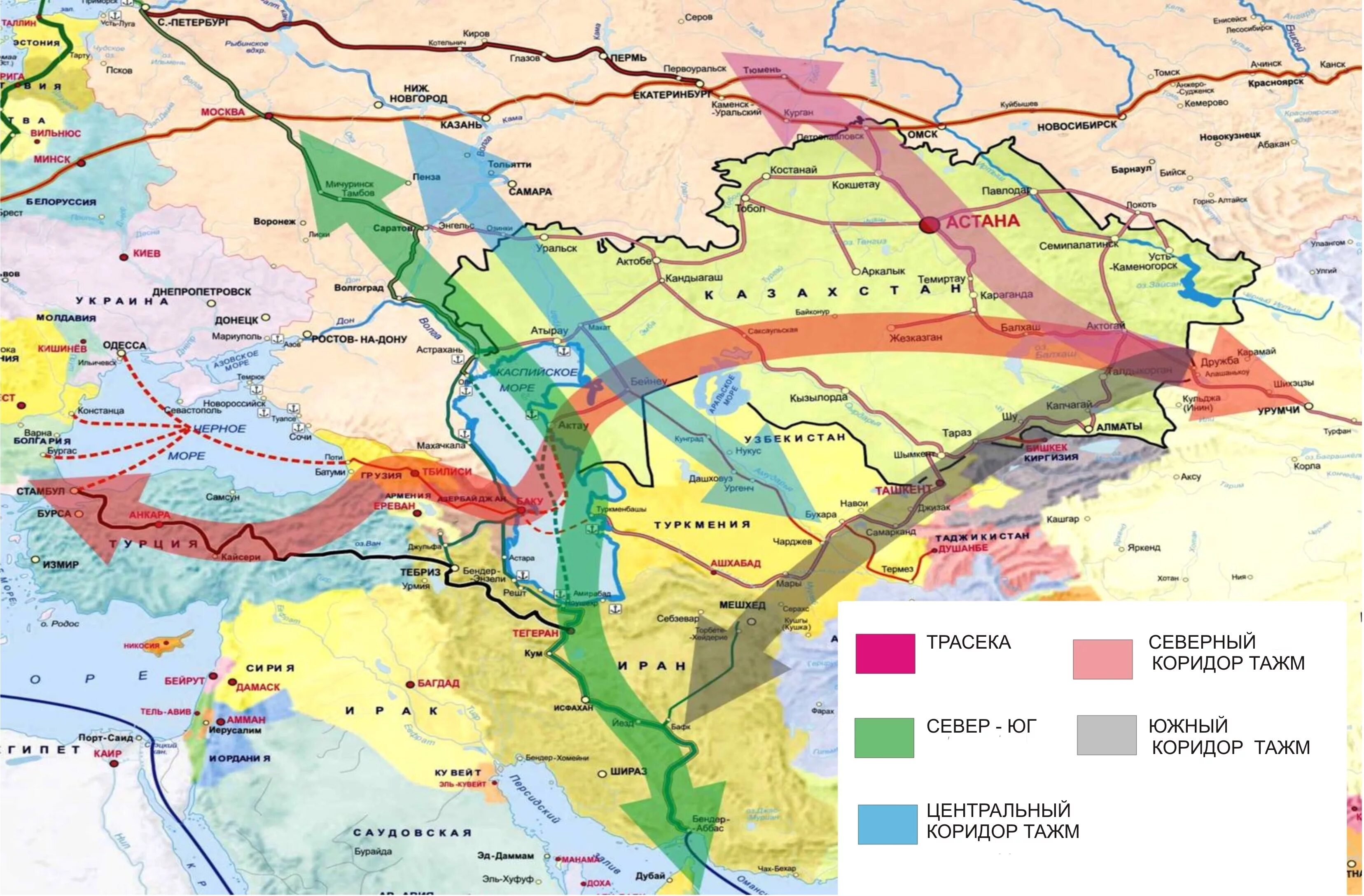 Транзит через казахстан. ТРАСЕКА транспортный коридор. Транспортный коридор ТРАСЕКА маршрут. Транспортные коридоры центральной Азии. Международные транспортные коридоры Казахстана.
