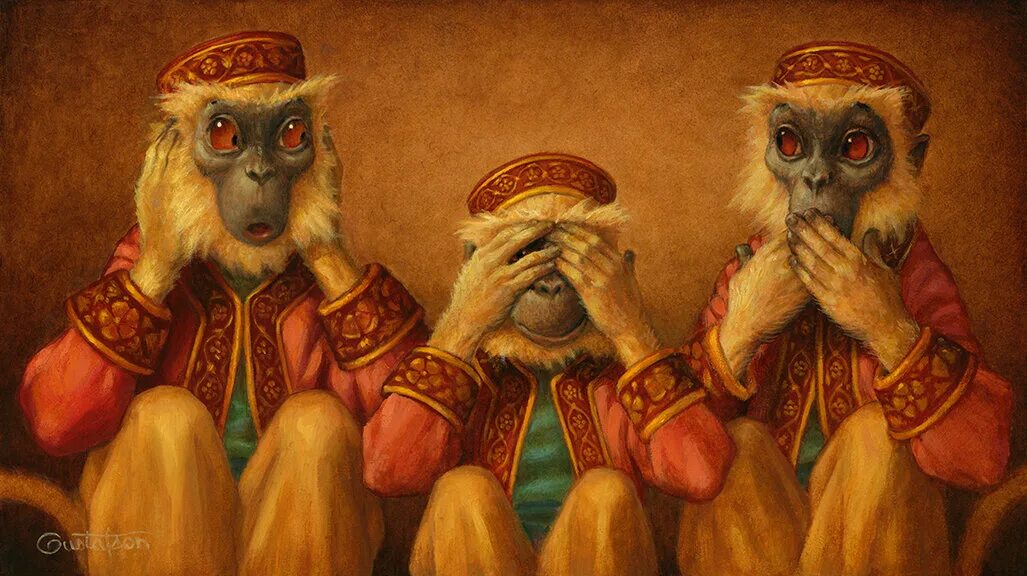 Художник Скотт Густафсон. Художник Скотт Густафсон иллюстрации. Три Мудрые обезьяны. Три обезьяны картина.
