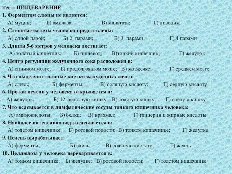 Тест пищеварение. Пищеварение тест 1. Фермент амилаза в слюне. Ферменты слюны муцин. Пищеварение тест 8 класс биология с ответами