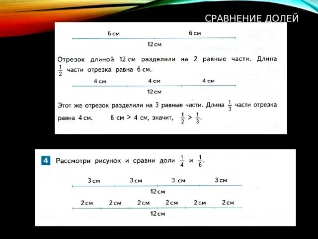 Образование долей. Сравнение долей. Сравни доли. Как сравнить доли. Сравнение долей 3 класс карточки.