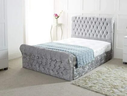 Chesterfield Sleigh Bed in Crushed Velvet Bed Frame Only (4FT6 Double, Silv...