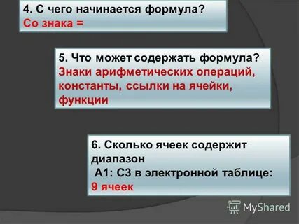 Формула в электронных таблицах начинается со знака
