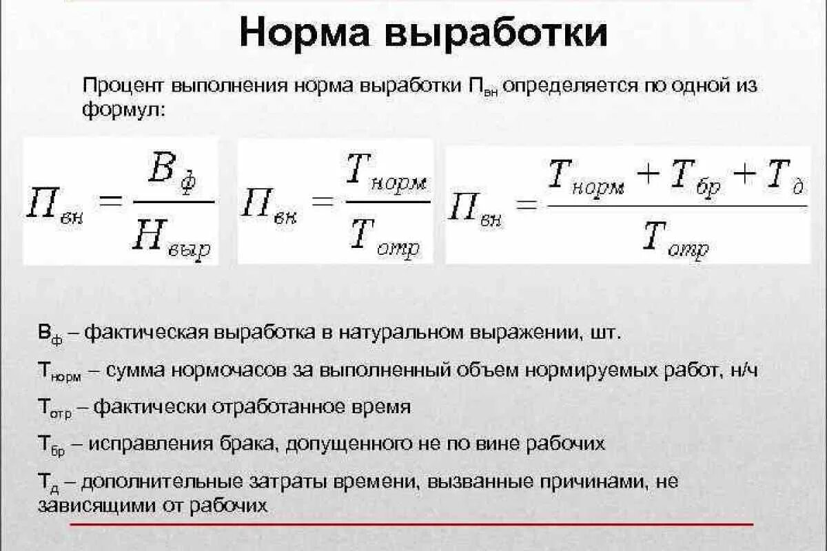 Формула человек час. Как посчитать процент нормы выработки. Норма выработки формула расчета. Среднее выполнение норм выработки формула. Процент выполнения нормы выработки определяется по формуле.