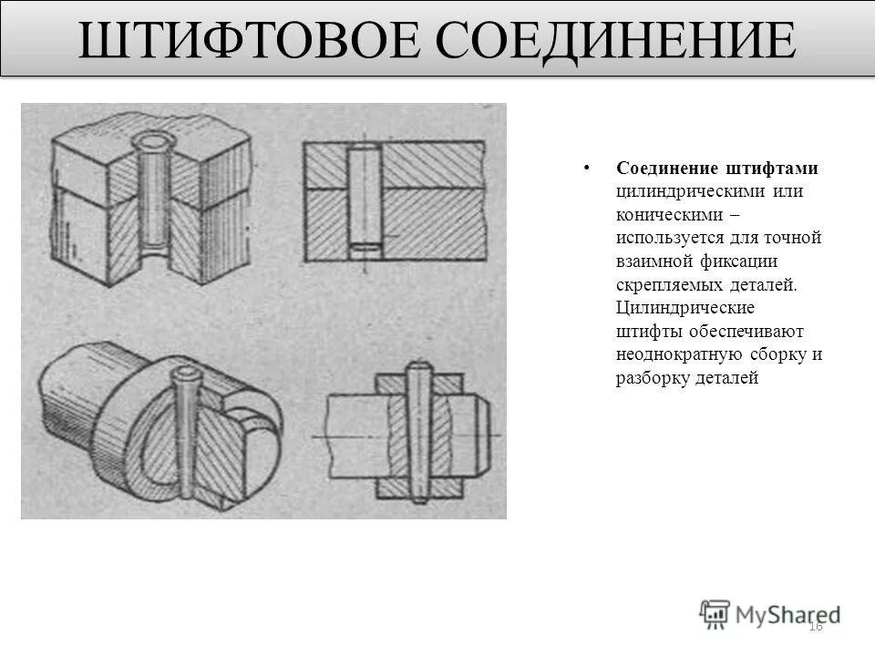 Штифтовое соединение цилиндрическое и коническое. Соединение с цилиндрическим штифтом на чертеже. Соединение штифтом и шпонкой. Штифтовое соединение разъемных деталей.