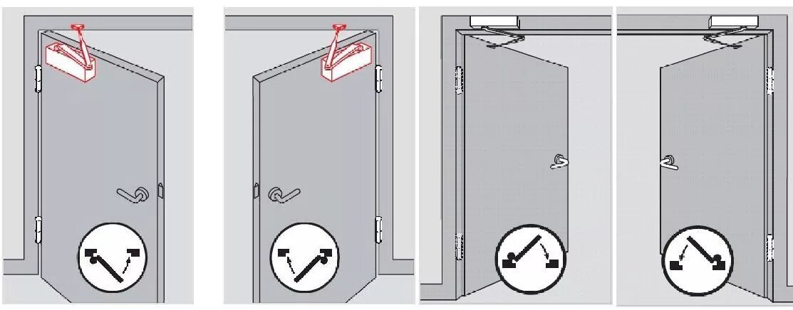 Варианты крепления дверного доводчика. Установка доводчика на правую дверь изнутри. Как установить доводчик на железную входную дверь. Как установить доводчик двери на железную дверь.