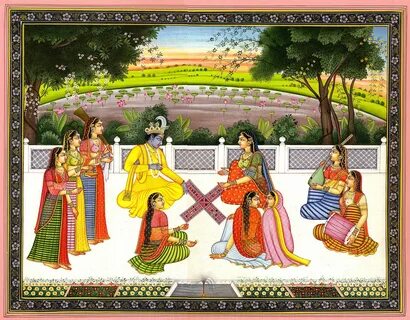 Radha and Krishna Playing the Game of Chaupara, Hindu Water Color Painting ...