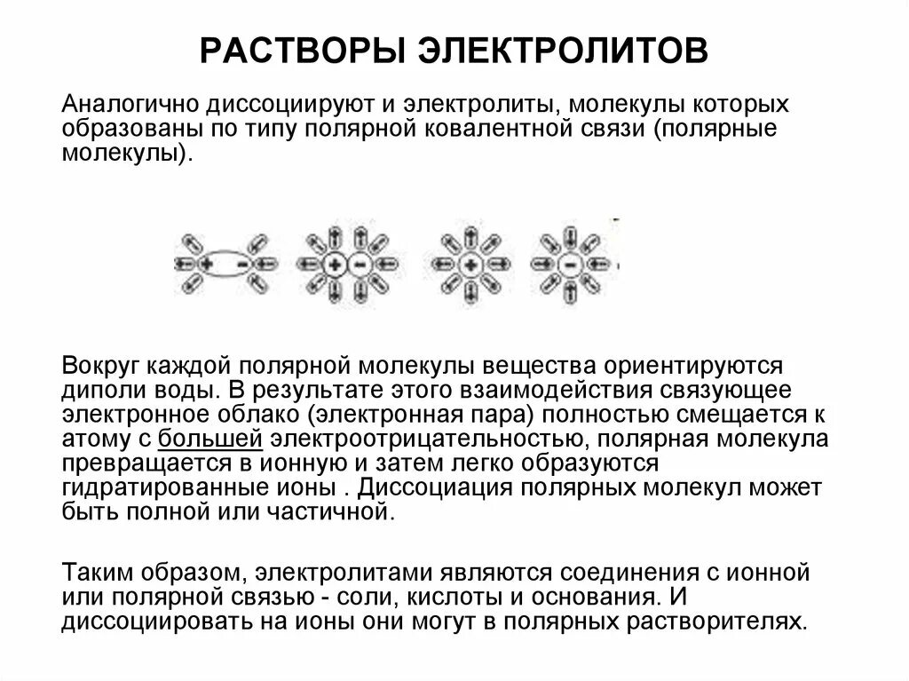 Раствор вещества с ковалентной полярной связью. Молекулы электролитов. Ковалентная Полярная связь. Растворы электролитов.