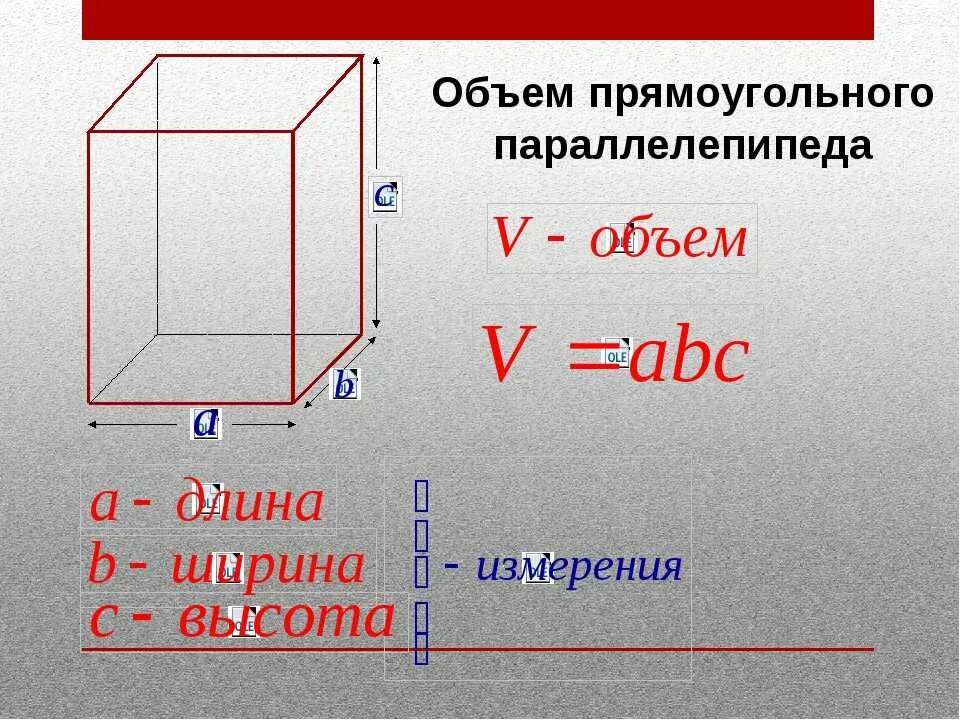 Где высота параллелепипеда. Формула объема прямоугольного параллелепипеда. Формула объёма прямоугольного параллелепипеда 6 класс. Формула нахождения объема прямоугольного параллелепипеда. Как вычислить вычислить объём прямоугольного параллелепипеда.