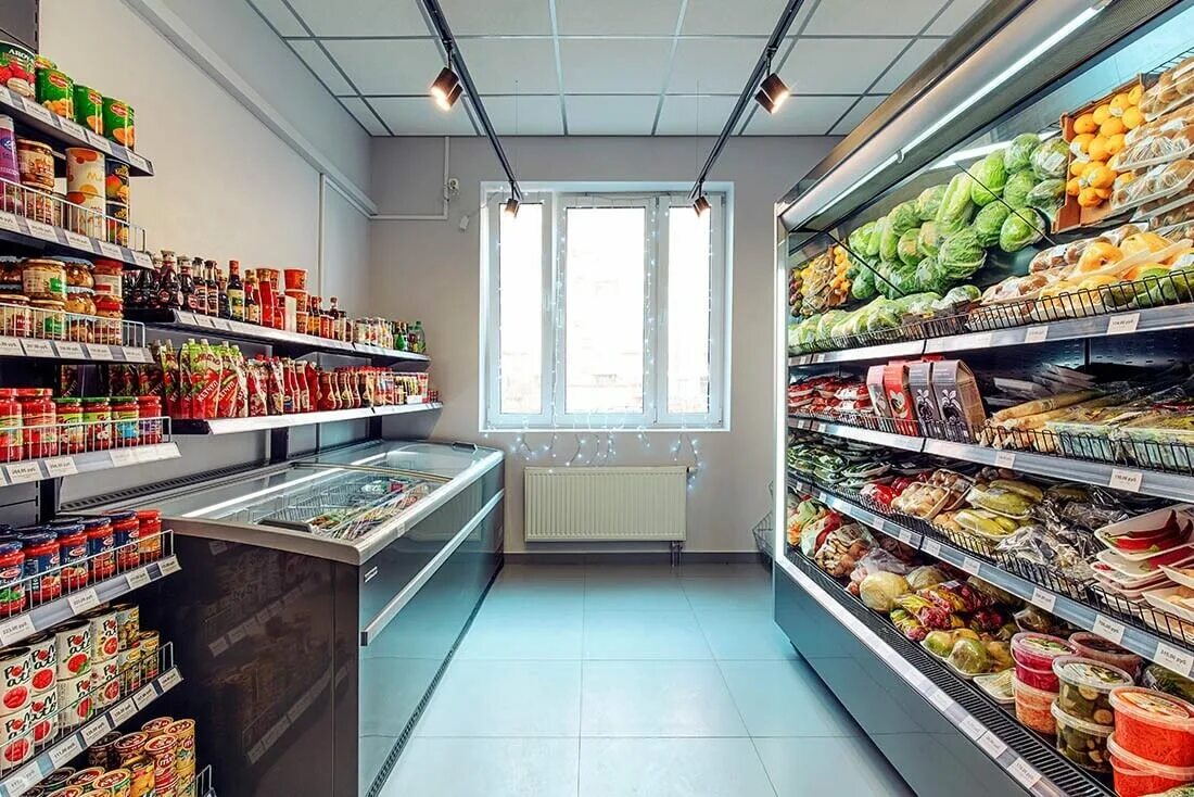 Индивидуальный магазин. Небольшой магазин продуктов. продуктовый магазин внутри. маленький продуктовый магазин. дизайн продуктового магазина.