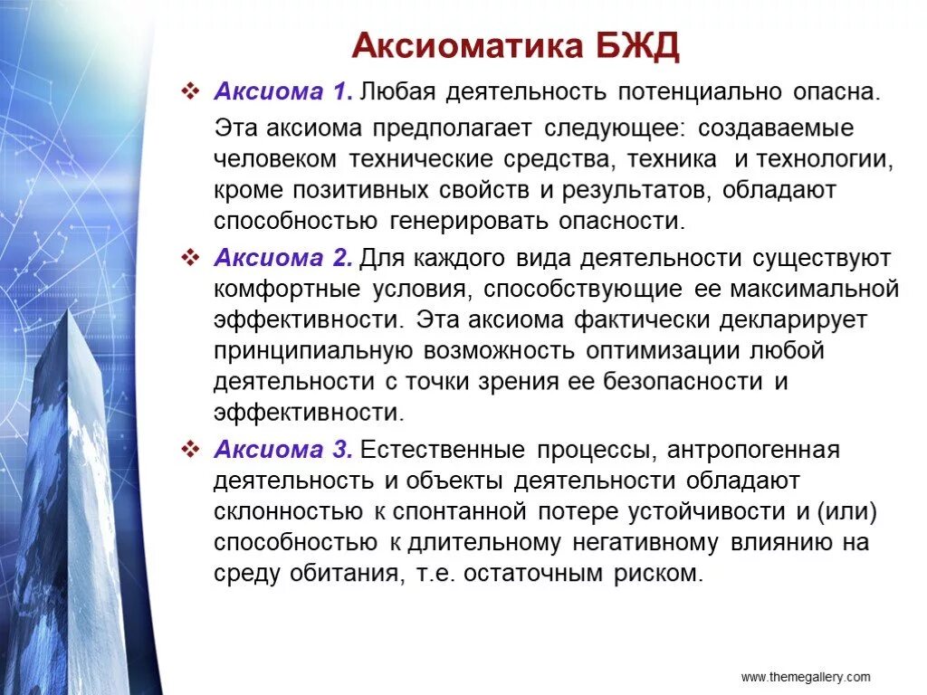 Аксиома безопасности жизнедеятельности человека. Основная Аксиома БЖД любая деятельность. Любая деятельность потенциально опасна. Аксиома 2 БЖД.