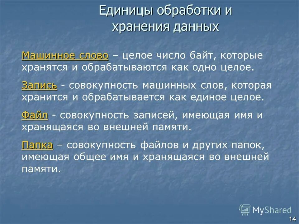 Наименьшая единица хранения данных. Наименьшая единица хранения данных