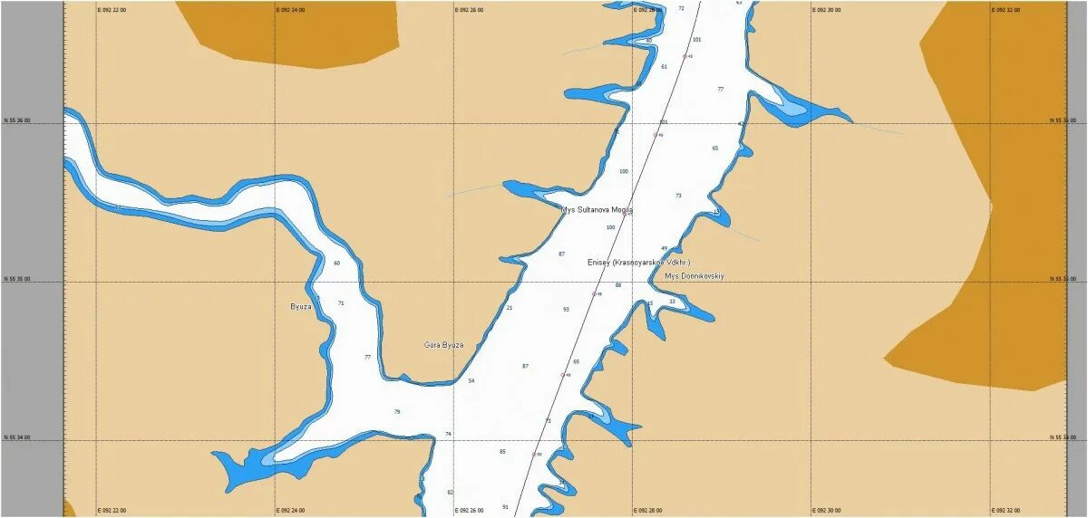Карта лоции Красноярского водохранилища. Карта глубин c-Map Max-n RS-n224. Карта глубин Красноярского водохранилища с заливами и реками. Карта глубин Братского водохранилища Осинский залив.