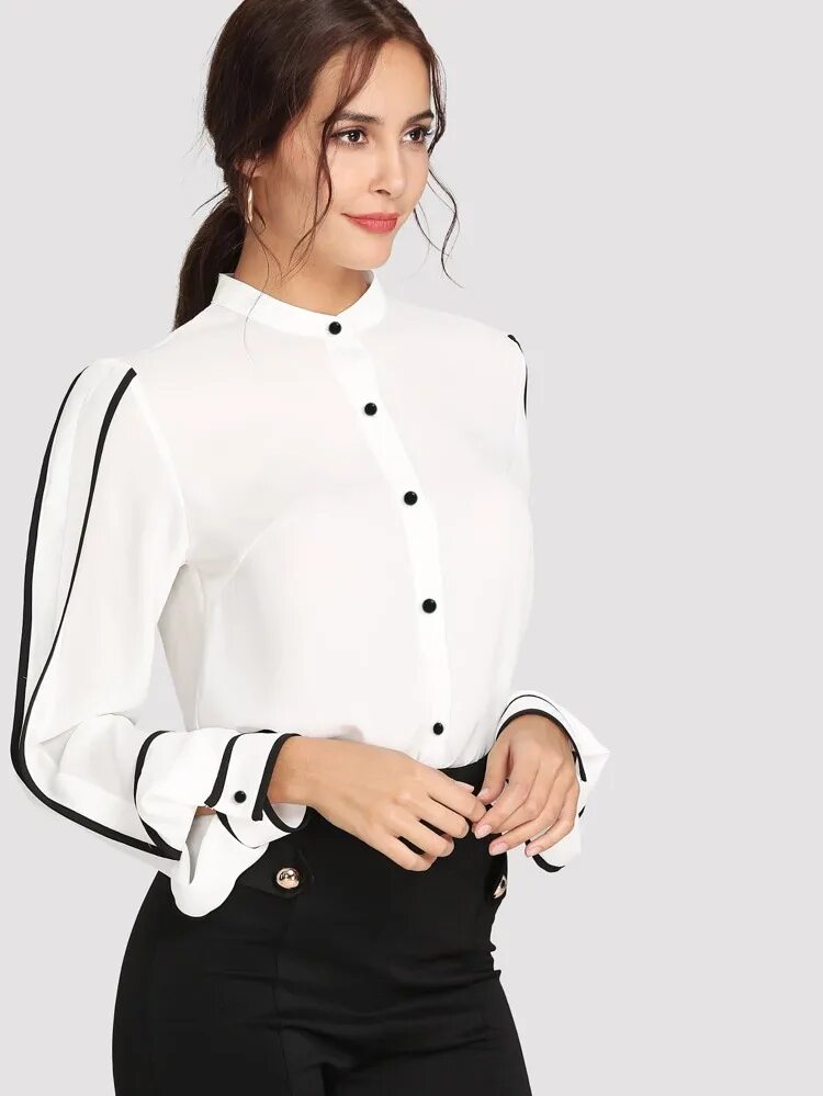 Белая блузка Шеин. Рубашка женская. Блузка с воротником стойкой. Черная блузка с белым воротником.