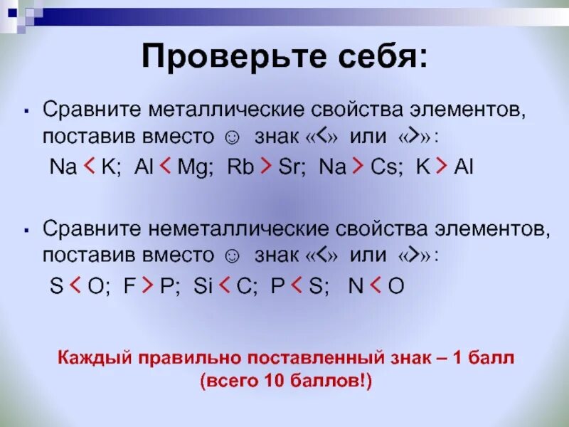 Сравнить свойства элементов