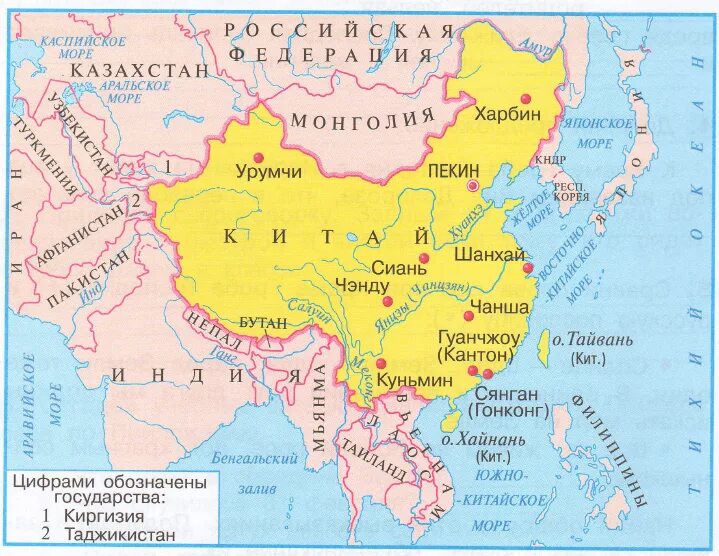 Соседи Китая на карте. С кем граничит Китай на карте. Китай карта географическая. Моря Китая на карте.