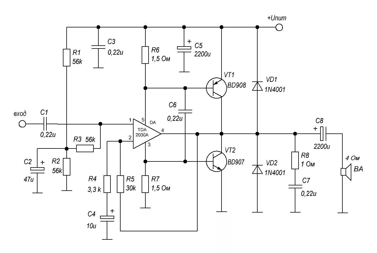 Однополярные унч. Усилитель на тда 2030. Схема УНЧ на tda2030. Tda2030a схема усилителя. Усилитель на тда 2030 с транзисторами.
