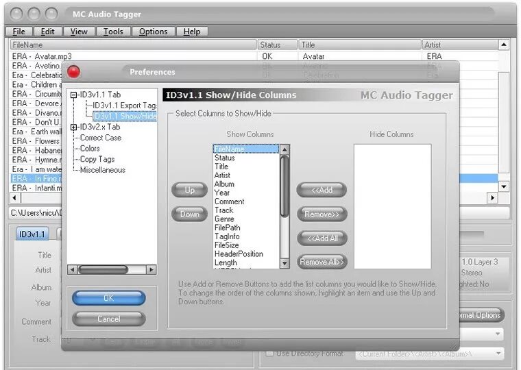 Show columns. Mc audio. music tagger. show v3.