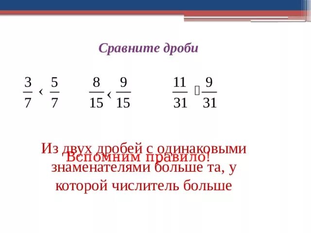 Сравнение дробей с одинаковыми знаменателями. С одинаковыми знаменателями больше та дро. Из двух дробей с одинаковыми знаменателями больше та у которой. Из двух дробей с одинаковыми числителями больше та у которой.