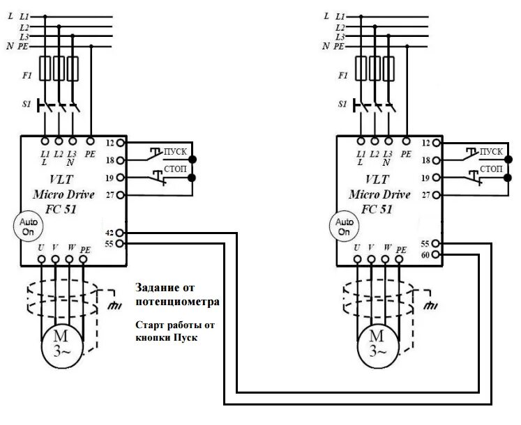 Схема подключения двух частотных преобразователей. Электрическая схема включения частотного преобразователя Danfoss. Схема подключения частотного преобразователя через пускатель. Частотный преобразователь Danfoss VLT FC-101 схема подключения. Управление пч