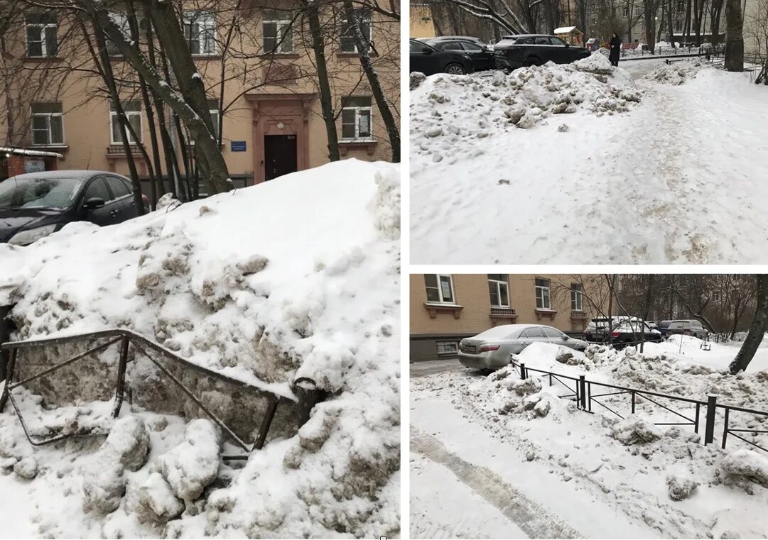 На сугробах видны. Снег на улице. Много снега во дворах Питера. Неубранные от снега улицы. И В газоны и в сугробы.