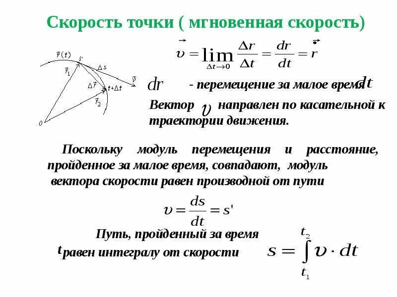 Формула скорости точки. Мгновенная скорость пути и перемещения. Мгновенная скорость точки. Траектория и скорость точки. Скорость материальной точки формула.